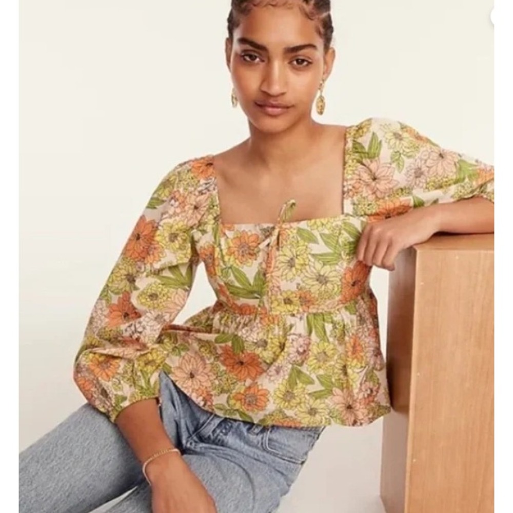 J. Crew Squareneck Tie-Front Cropped Top in Zinnia Floral Size 14 Cottage Boho‎
